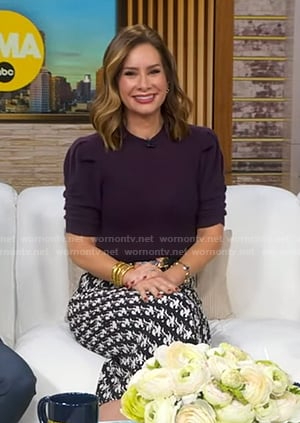 Rebecca's purple puff sleeve sweater and printed skirt on Good Morning America