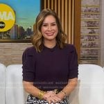Rebecca’s purple puff sleeve sweater and printed skirt on Good Morning America