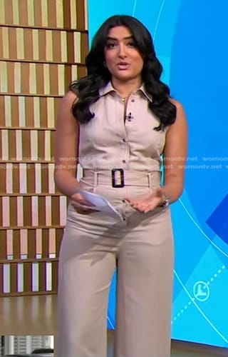 Reena's beige sleeveless belted jumpsuit on Good Morning America