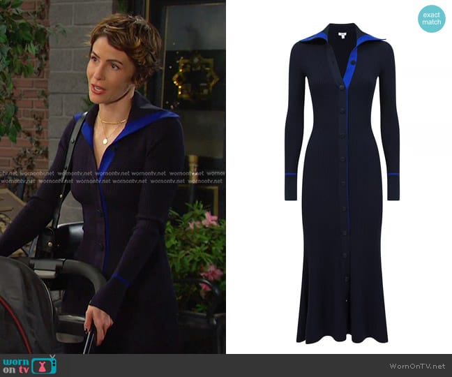 Reiss Millie Rib-Knit Henley Midi Dress in Navy Blue worn by Sarah Horton (Linsey Godfrey) on Days of our Lives