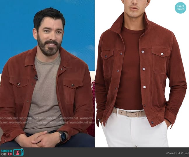 Reiss Nico Long Sleeved Suede Press Stud Jacket worn by Drew Scott on Today