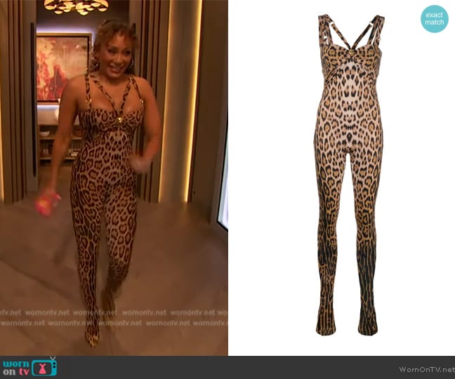 Roberto Cavalli leopard-print sleeveless jumpsuit worn by Mel B on The Drew Barrymore Show