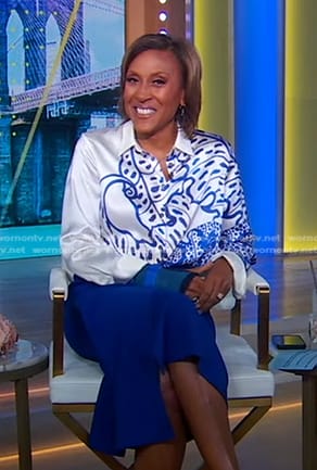 Robin's white leaf print blouse and blue skirt on Good Morning America