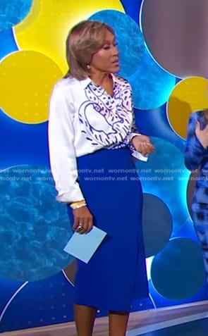 Robin’s white leaf print blouse and blue skirt on Good Morning America