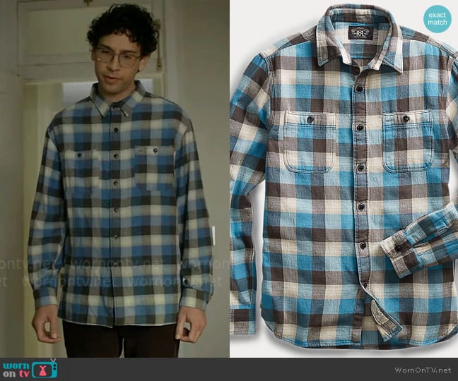 RRL Ralph Lauren Plaid Twill Workshirt in Sulphur Black Blue worn by Edward (Rick Glassman) on Not Dead Yet