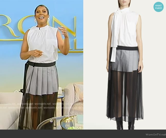 Sacai Tie-Neck Blouse Midi Dress with Sheer Skirt Overlay worn by Tamron Hall on Tamron Hall Show