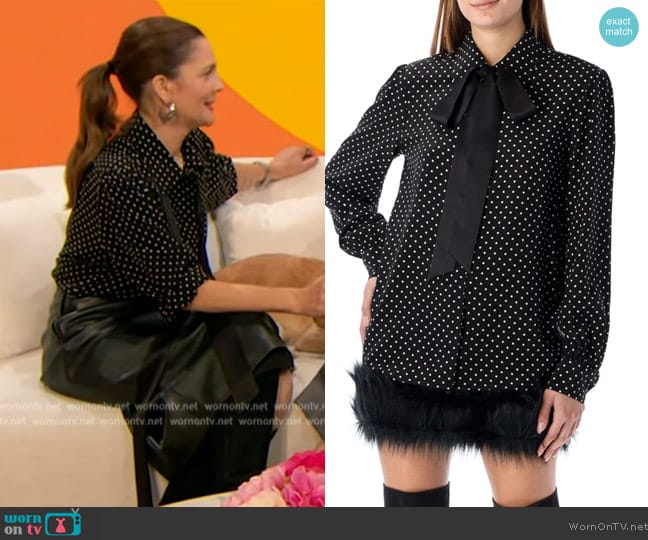 Saint Laurent Polka Dot Blouse with Bow worn by Drew Barrymore on The Drew Barrymore Show