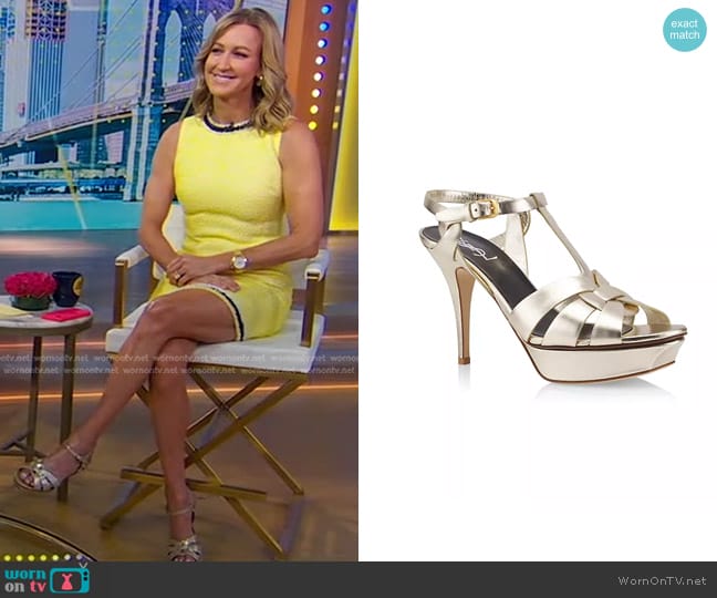 Saint Laurent Tribute Metallic Leather Sandals in Platino worn by Lara Spencer on Good Morning America