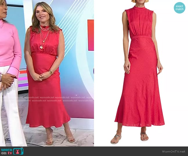 Saloni Stamped Silk Sleeveless Midi-Dress in Hibiscus worn by Jenna Bush Hager on Today