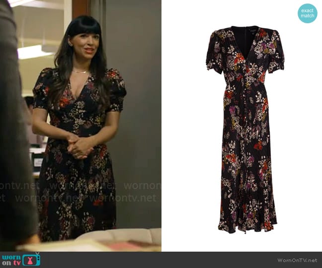 Sam’s black floral dress on Not Dead Yet