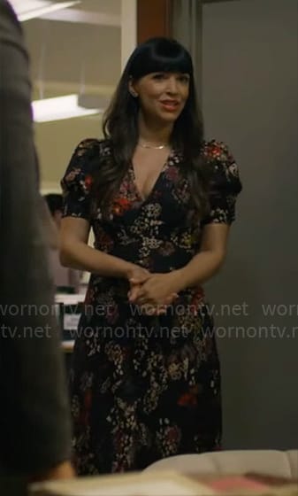 Sam’s black floral dress on Not Dead Yet