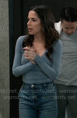 Sam’s blue v-neck ruched top on General Hospital