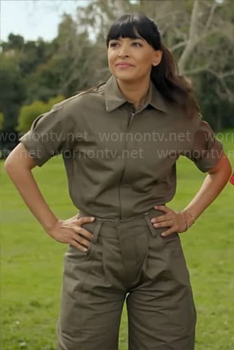 Sam’s olive green jumpsuit on Not Dead Yet