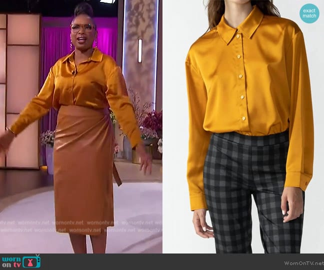 Sanctuary Satin Oversized Shirt In Aged Scotch worn by Jennifer Hudson on The Jennifer Hudson Show