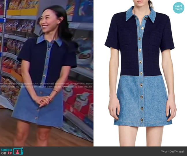 Sandro Brooke Mixed Media Denim Mini Shirtdress worn by Sarah Paiji Yoo on Good Morning America