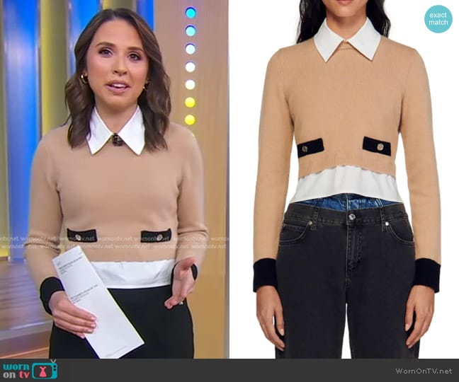 Sandro Dale Mixed Media Wool & Cashmere Crop Sweater worn by Elizabeth Schulze on Good Morning America