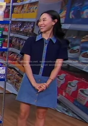 Sarah Paiji Yoo’s blue colorblock denim dress on Good Morning America