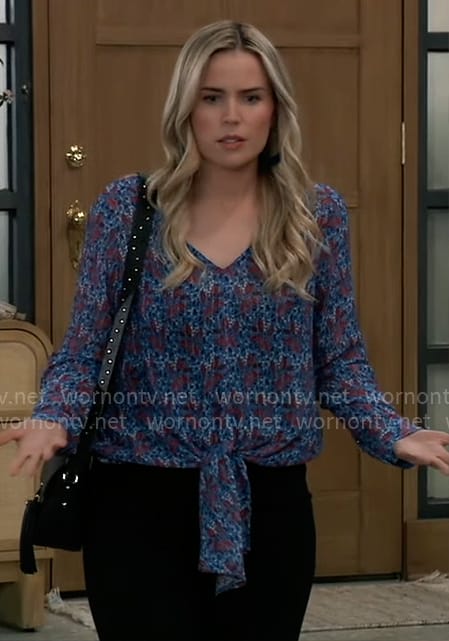 Sasha’s blue and red printed tie hem top on General Hospital