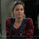 Sasha’s purple and pink printed top with denim overalls on General Hospital