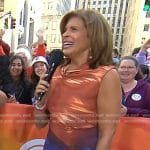 Hoda’s brown and blue print ruched dress on Today