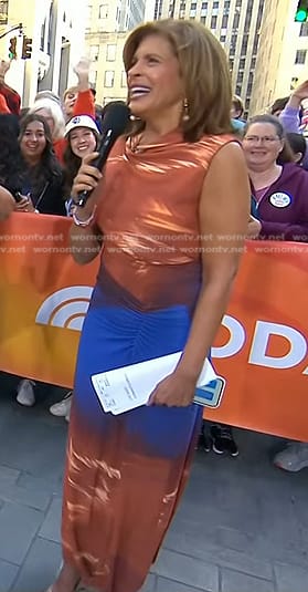 Hoda's brown and blue print ruched dress on Today