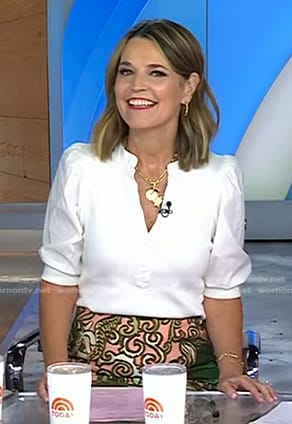 Savannah's white puff sleeve top and floral skirt on Today