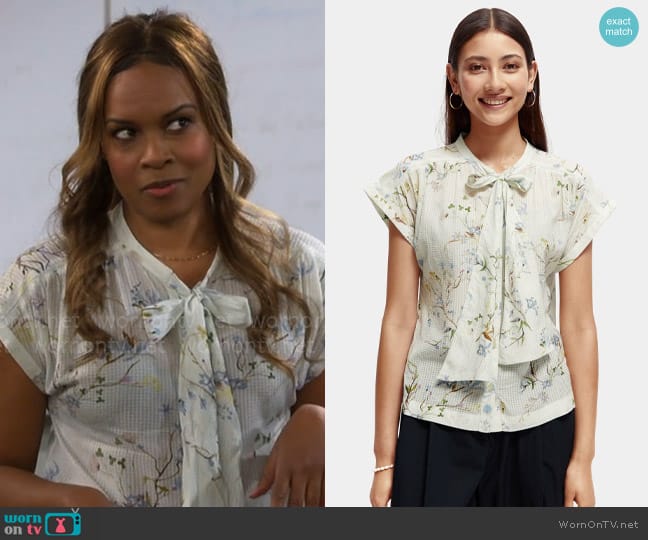 Scotch & Soda Floral Tie Blouse worn by Janelle (Nefetari Spencer) on The Neighborhood