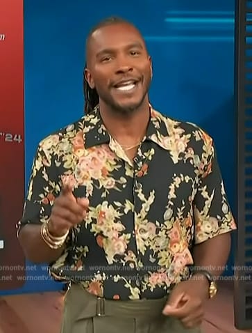 Scott's black floral print shirt on Access Hollywood