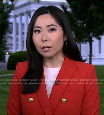 Selina Wang’s red blazer with gold buttons on Good Morning America