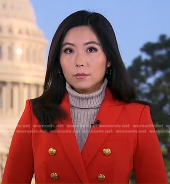 Selina Wang’s red blazer with gold buttons on Good Morning America