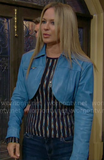 Sharon's blue cropped leather jacket on The Young and the Restless