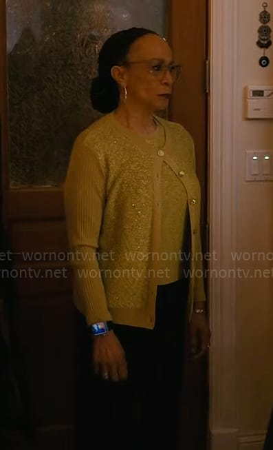 Sharon's yellow sequin top and cardigan set on Chicago Med