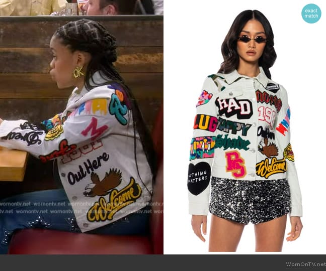 Shop Akira No More Multi Patch Work Denim Jacket worn by Aaliyah Upshaw (Khali Spraggins) on The Upshaws