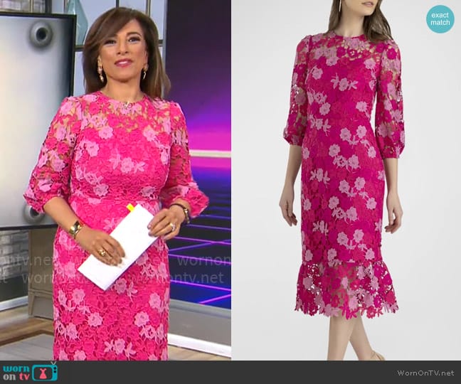 Shoshanna Judith Flounce-Hem Crochet Midi Dress worn by Michelle Miller on CBS Mornings