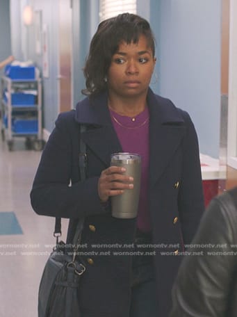 Simone’s navy jacket with gold buttons on Greys Anatomy