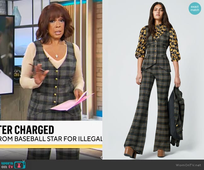 Smythe Waistcoat and Pants in Charcoal Mustard worn by Gayle King on CBS Mornings