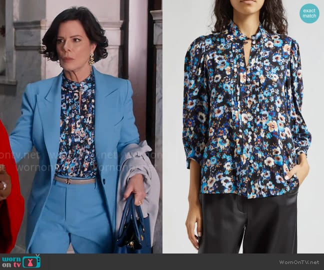 Smythe Frontier Blouse in Midnight Blue Floral worn by Margaret Wright (Marcia Gay Harden) on So Help Me Todd