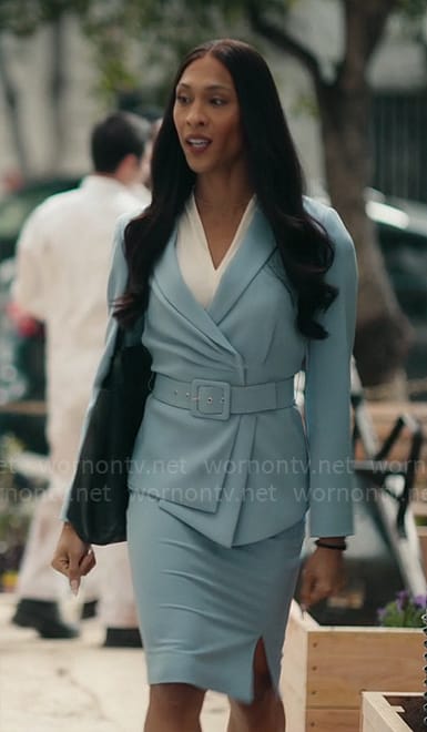 Sofia's light blue asymmetric belted jacket and pencil skirt on Loot