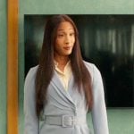 Sofia's light blue asymmetric belted jacket and pencil skirt on Loot