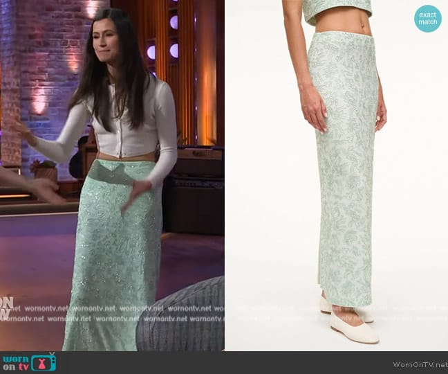 Staud Barletta Skirt Caribbean worn by Delaney Rowe on The Kelly Clarkson Show