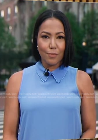 Stephanie's blue embellished collar sleeveless top on Good Morning America