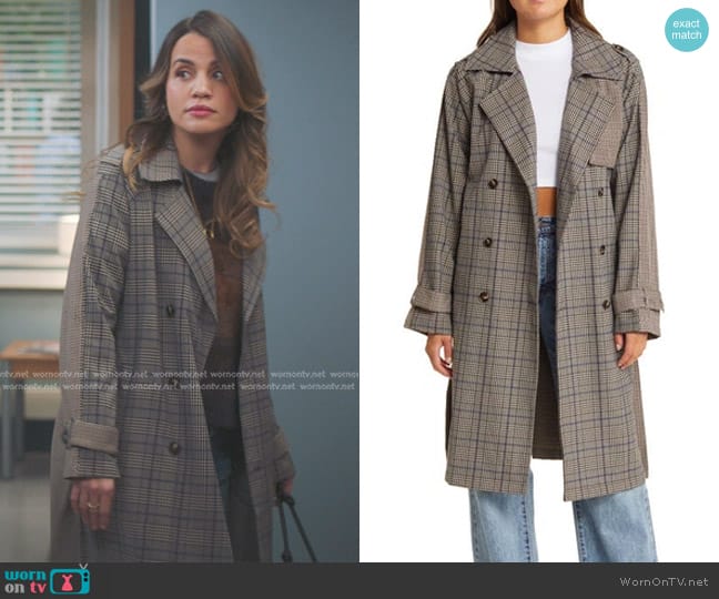 Steve Madden Shinely Plaid & Houndstooth Trench Coat in Brown Plaid Mix worn by Monica Beltran (Natalie Morales) on Greys Anatomy