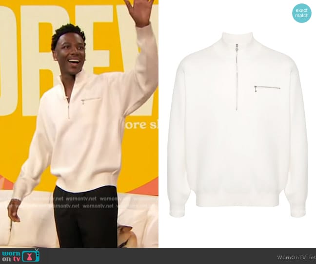 Stussy Falf-zip mock-neck jumper worn by Jerrod Carmichael on The Drew Barrymore Show