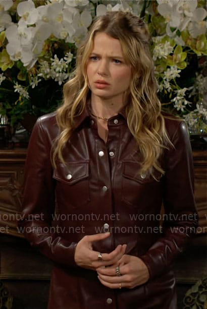 Summer's burgundy leather shirt dress on The Young and the Restless