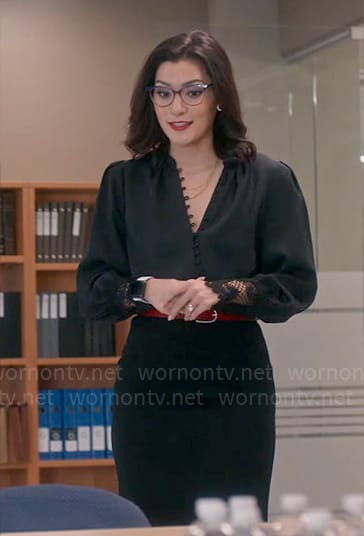 Susan's black buttoned lace-cuff blouse on So Help Me Todd