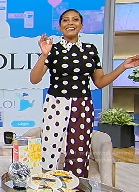 Tamron’s black and white polka dot top and pants on Tamron Hall Show