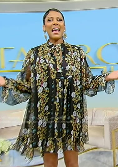 Tamron's black floral print tie neck dress on Tamron Hall Show