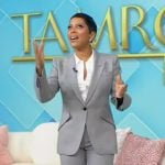 Tamron’s gray metallic blazer and pants on Tamron Hall Show