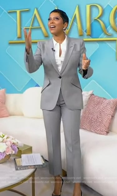 Tamron's gray metallic blazer and pants on Tamron Hall Show