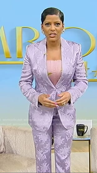 Tamron's lavender floral suit on Tamron Hall Show